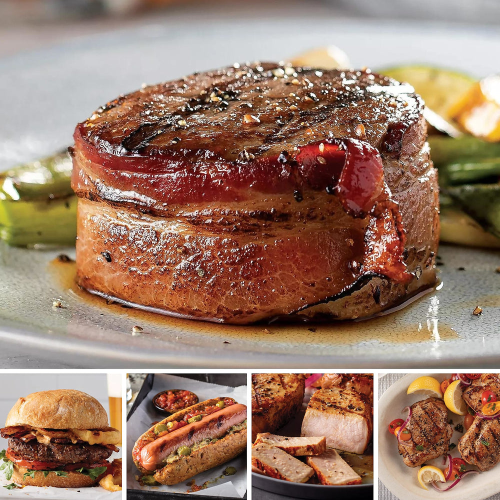 A close-up of a seared steak with a caramelized crust and visible herbs, served on a plate with green vegetables. Below the main photo are four smaller food photos showing burgers, a hot dog, sliced meat, and grilled cuts with lemon.