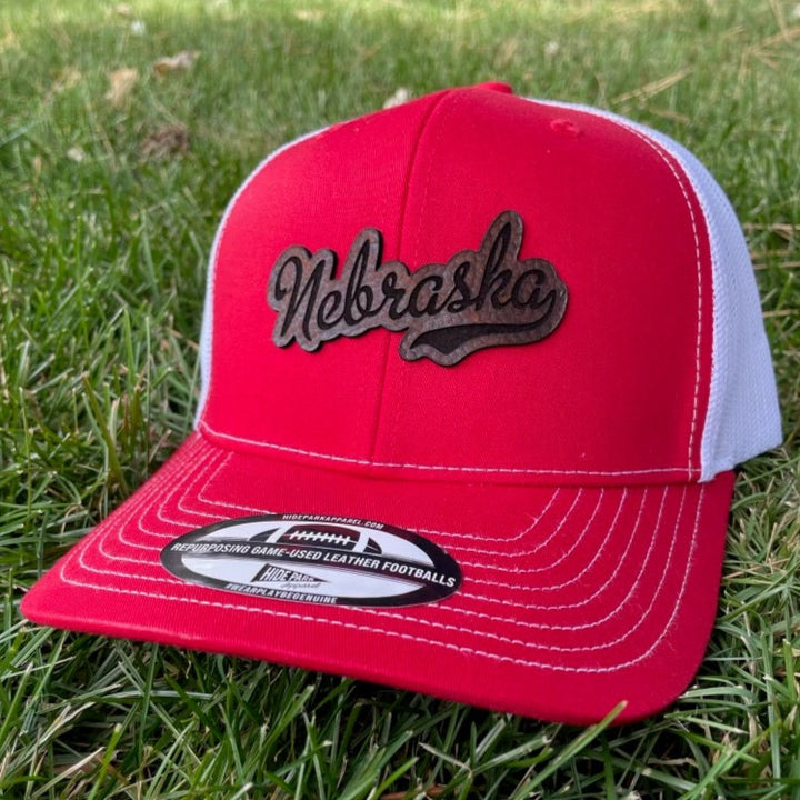Nebraska Football Leather Hat Red / White - Hide Park Apparel of North Platte, NE