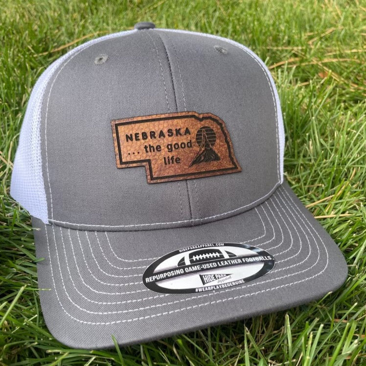 Nebraska The Good Life Leather Hat Gray / White - Hide Park Apparel of North Platte, NE