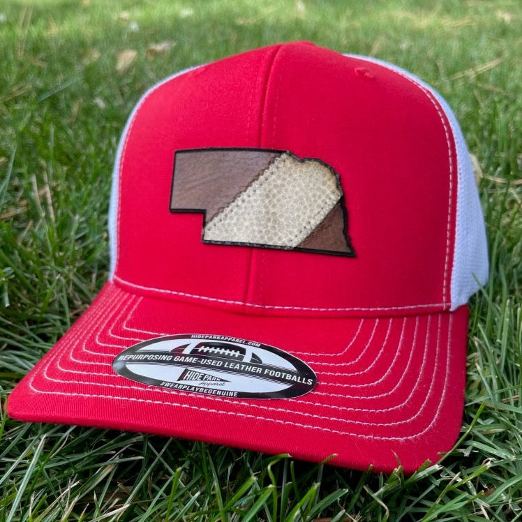 Nebraska State Football Leather Hat Red / White - Hide Park Apparel of North Platte, NE