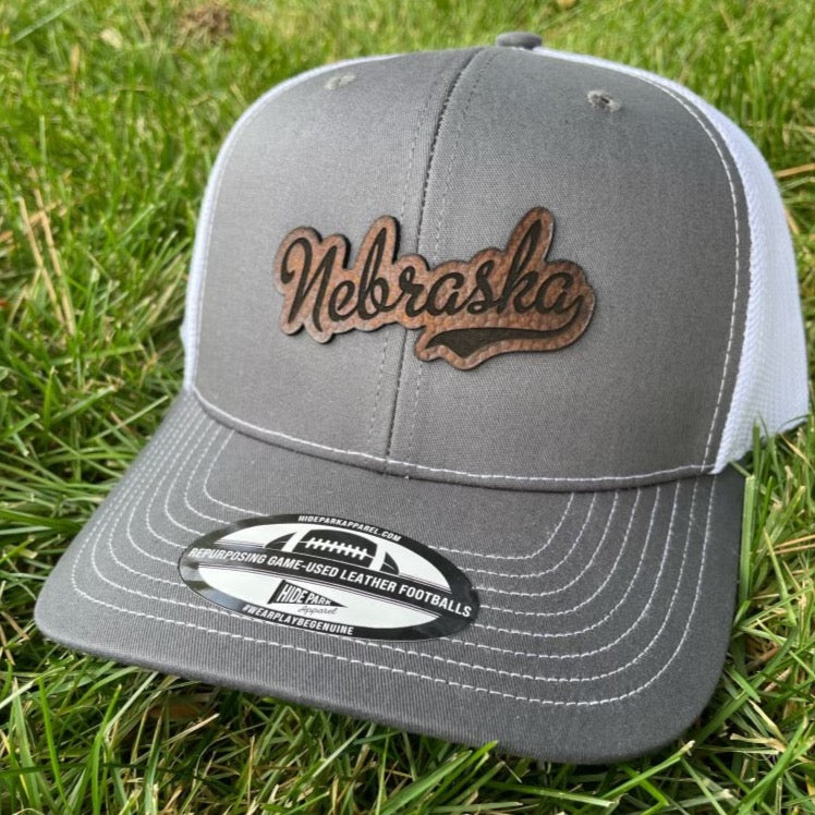 Nebraska Football Leather Hat Gray / White - Hide Park Apparel of North Platte, NE