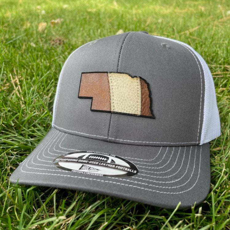 Nebraska State Football Leather Hat Gray / White - Hide Park Apparel of North Platte, NE