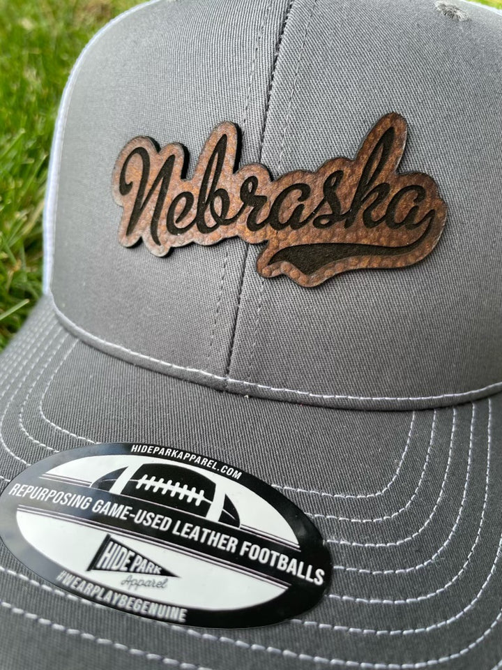 Nebraska Football Leather Hat Gray / White - Hide Park Apparel of North Platte, NE