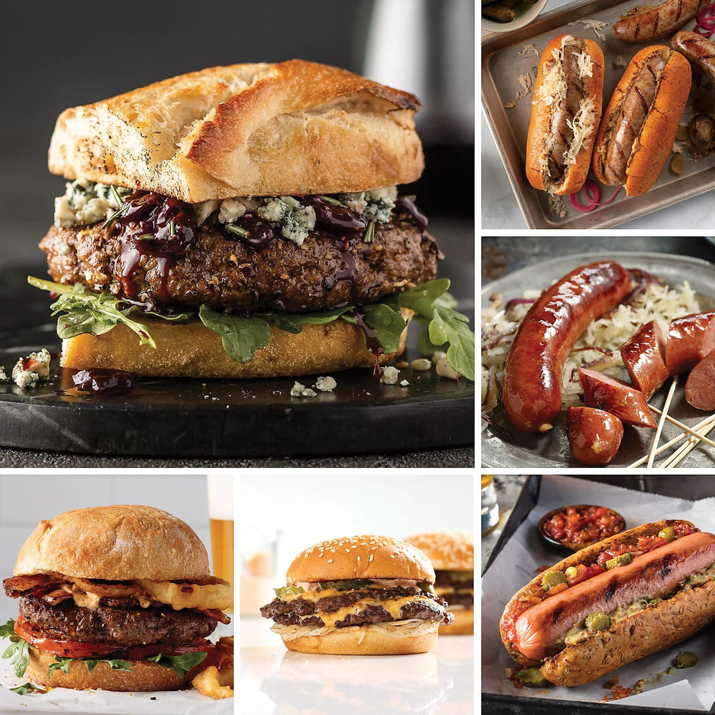 Collage of various burgers and sausages with different toppings and presentations.