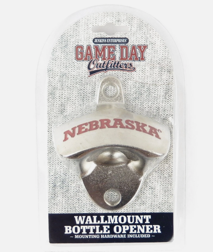 Nebraska wall-mounted bottle opener with packaging on a white background