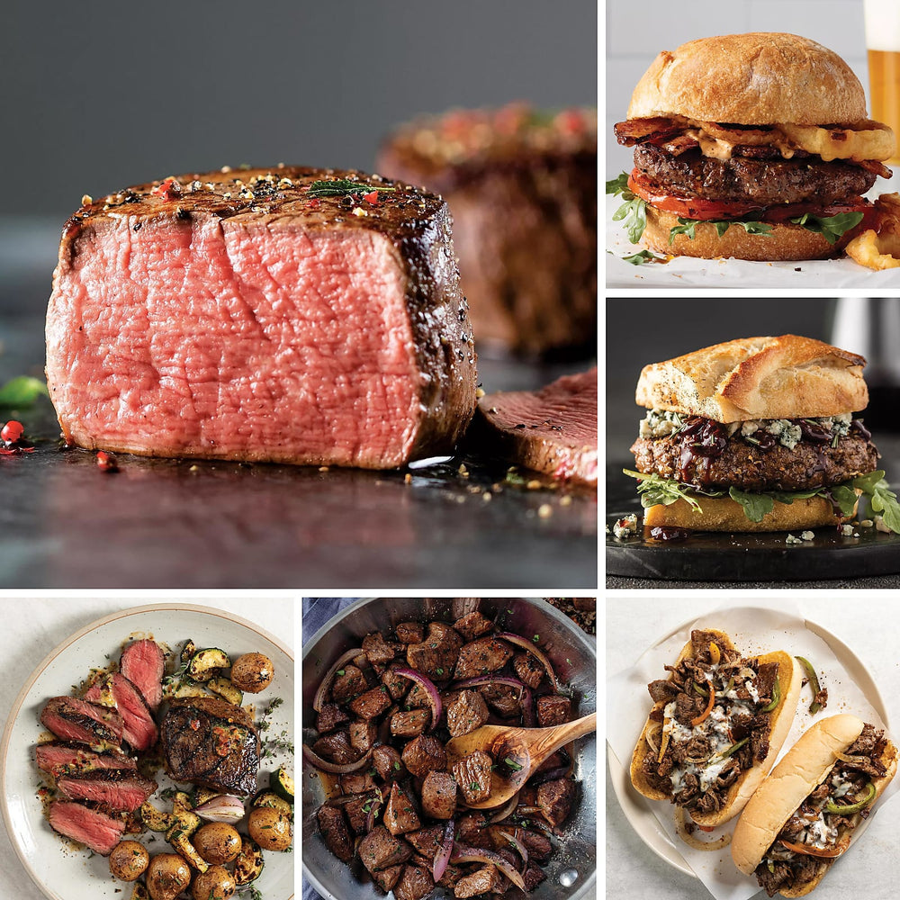 A six-panel collage showcasing gourmet steak and burger dishes, including a sliced medium-rare beef steak, a burger with bacon and cheese, another burger with herbs, plated sliced steak with potatoes, cooked mushrooms, and stuffed bread rolls.