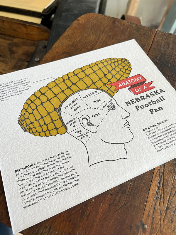 Anatomy Of a Nebraska Football Fan Handmade Letterpress Print